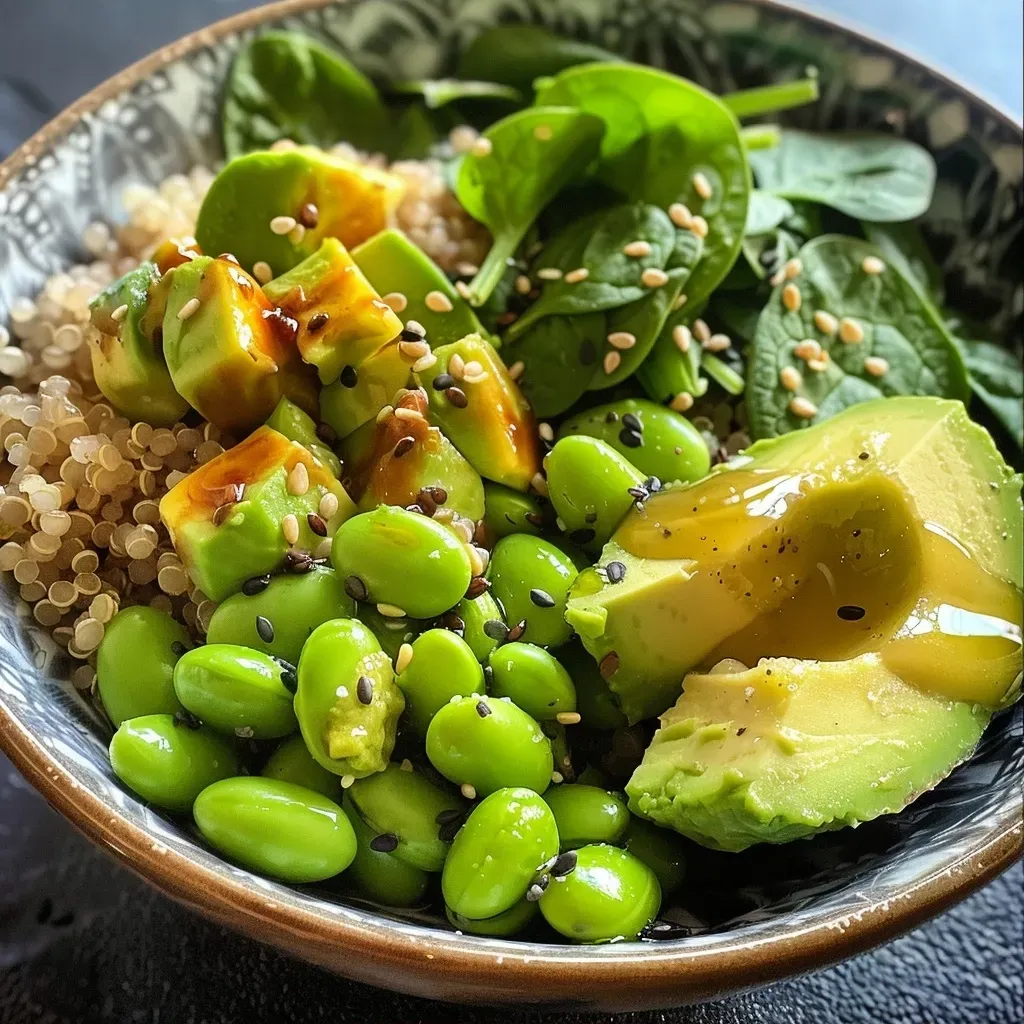 Close-up view of a vibrant Edamame Avocado Buddha Bowl with colorful ingredients.