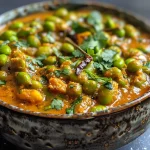 A close-up view of a vibrant Edamame Huli Saaru, showcasing green edamame beans in a rich curry sauce.