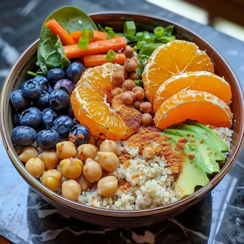 Close-up view of a Buddha bowl filled with colorful ingredients.