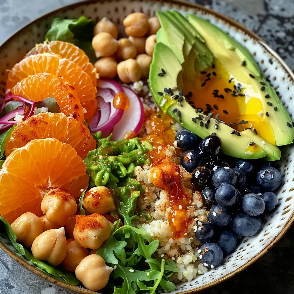 Side shot of a Buddha bowl showcasing vibrant vegetables and grains.