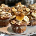 Close-up view of golden brown yogurt muffins with visible banana slices and berries.