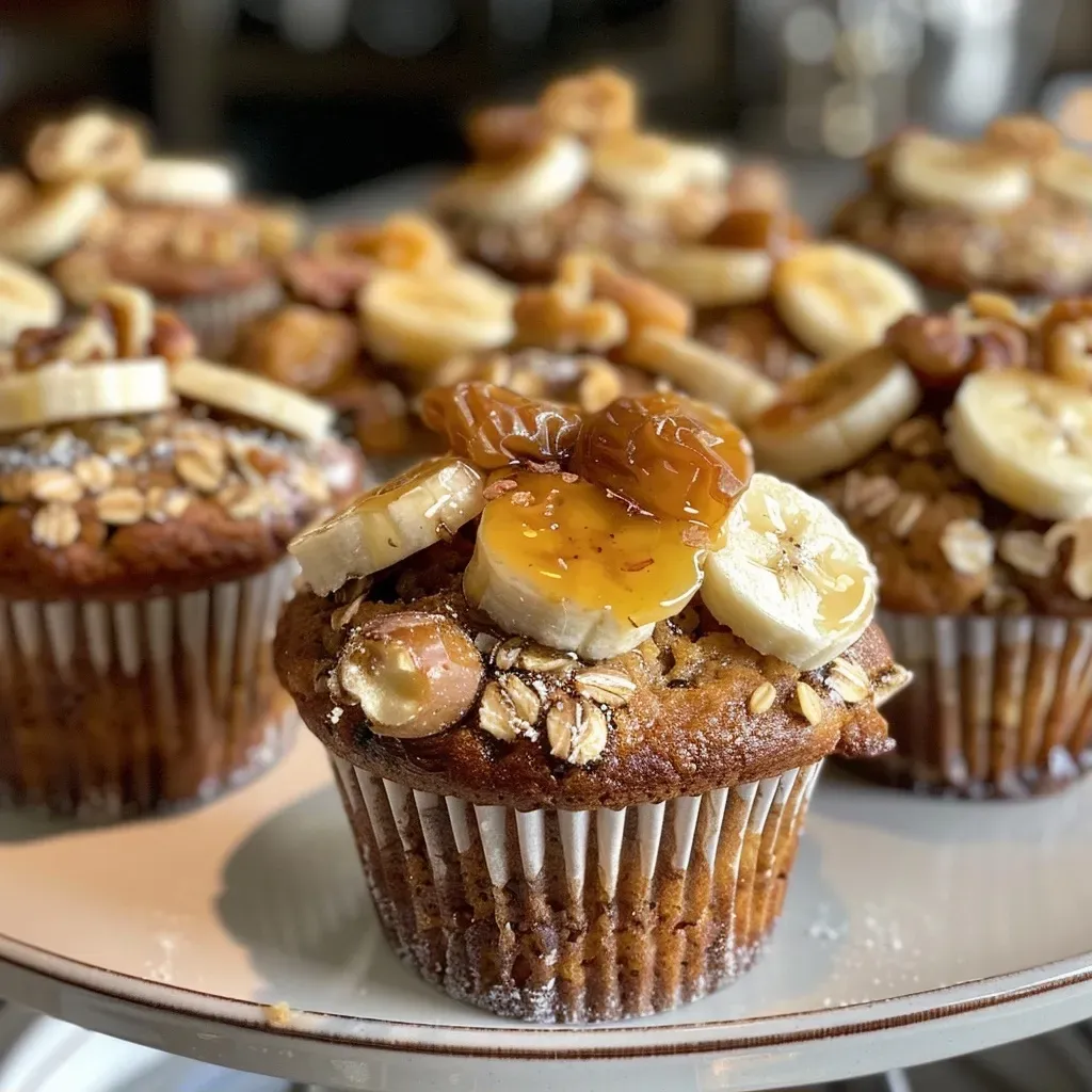 Close-up view of golden brown yogurt muffins with visible banana slices and berries.