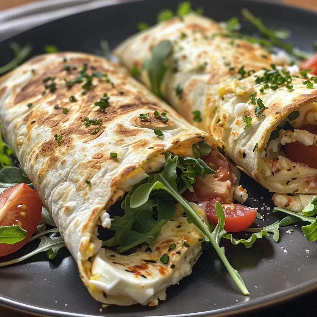 Side view of a juicy keto wrap made with mozzarella and almond flour.
