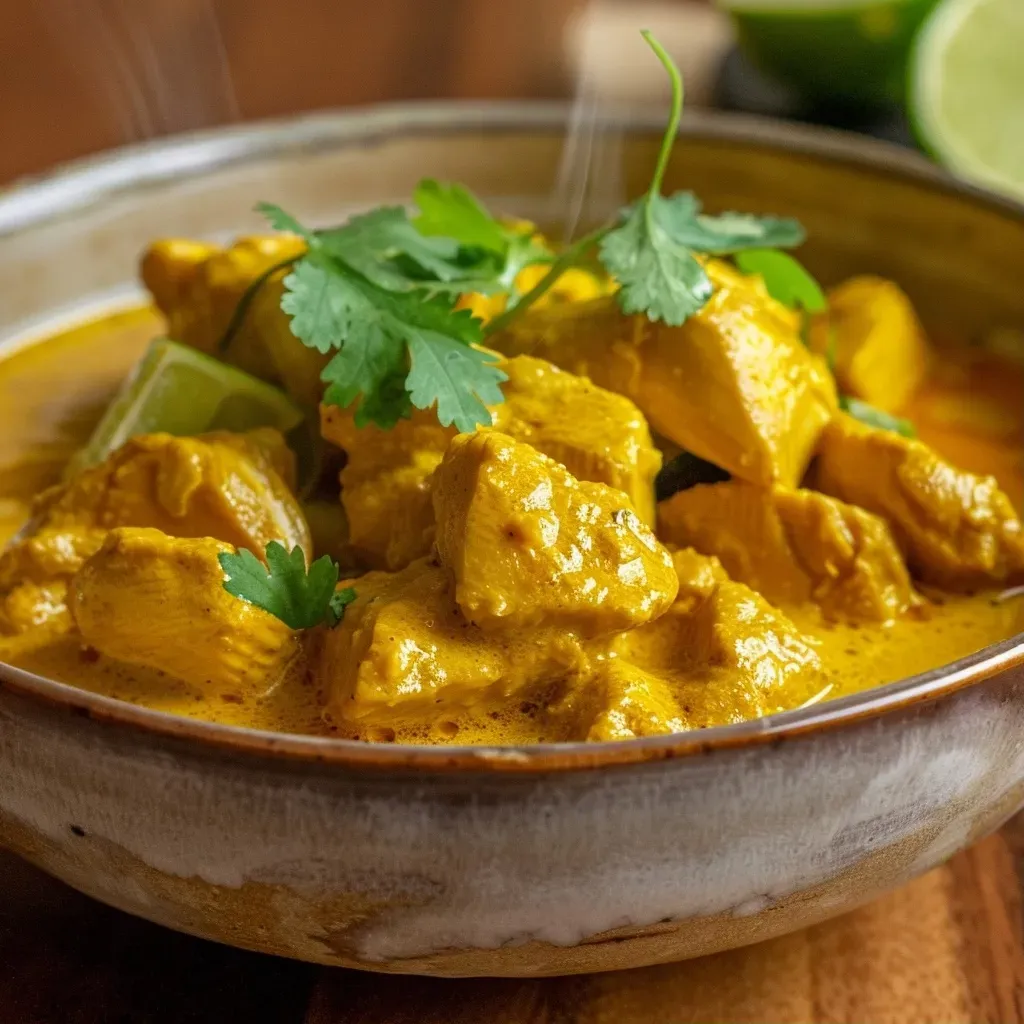 Close-up of a bowl filled with juicy chicken curry, garnished with fresh cilantro.