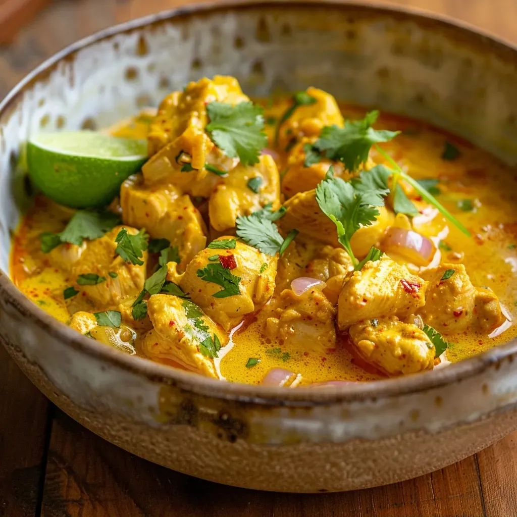 Close-up of a bowl filled with juicy chicken curry, garnished with fresh cilantro.