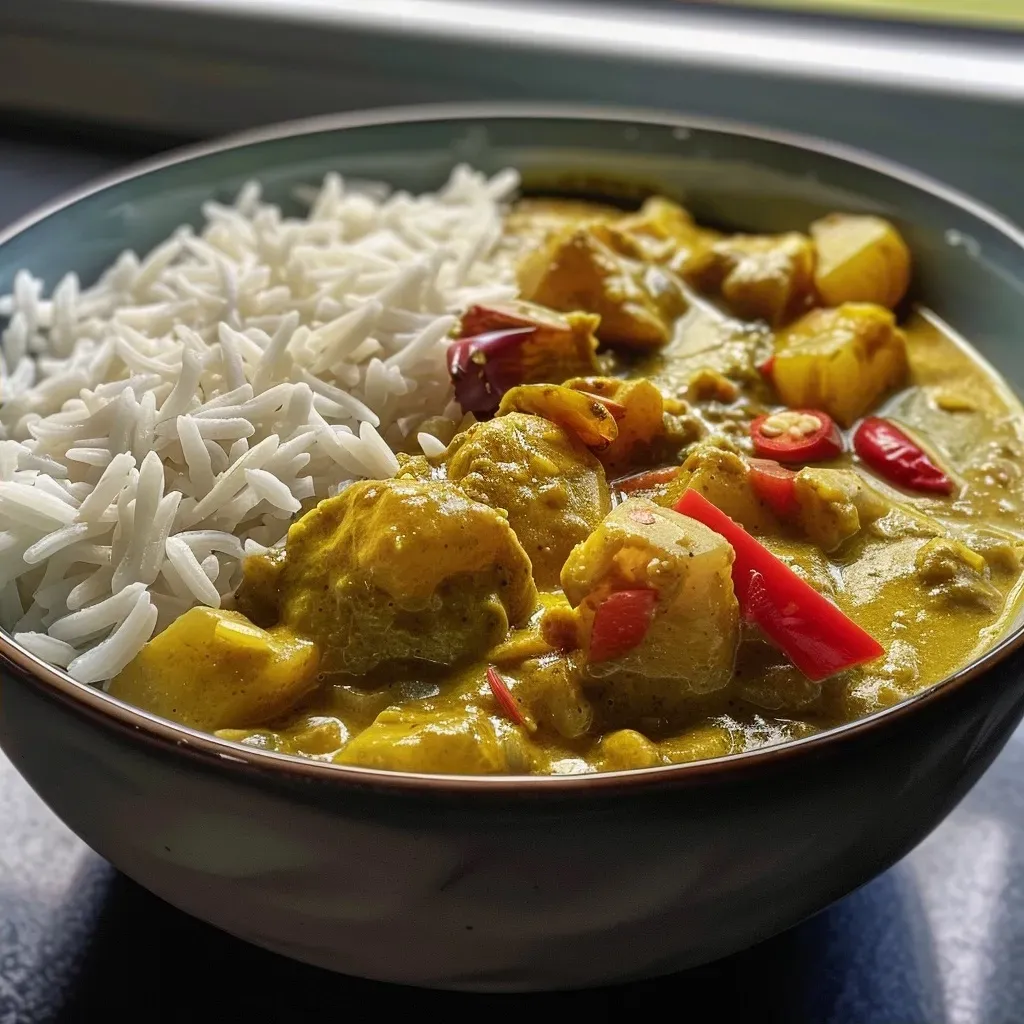 Side view of a bowl filled with colorful Fenchel Curry and rice.