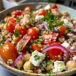 A close-up view of a colorful Feta cheese and tomato salad with quinoa, chickpeas, and fresh herbs.