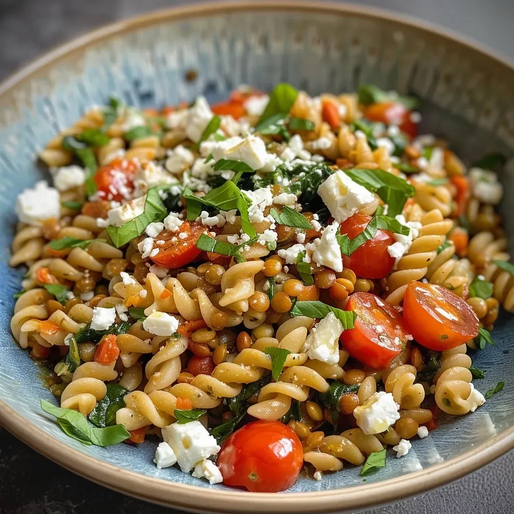 A bowl of colorful lentil pasta with cherry tomatoes and feta cheese on top.