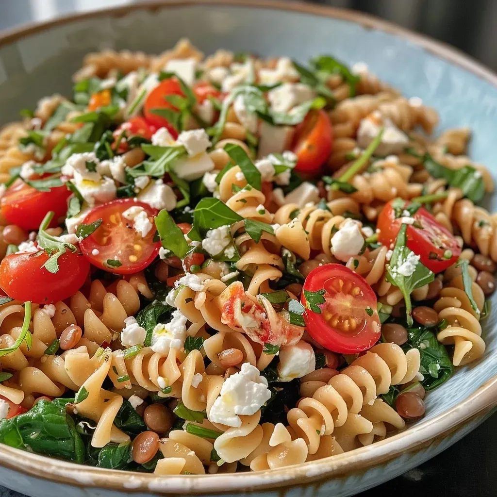 Close-up of a hearty vegetarian pasta dish featuring feta, tomatoes, and lentils.
