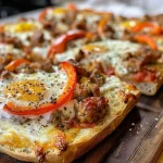 Close-up view of a breakfast pizza topped with sausage, eggs, and cheese on an English muffin.