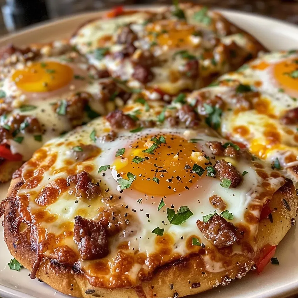 Deliciously prepared sausage and egg breakfast pizza, showing colorful toppings and golden edges.