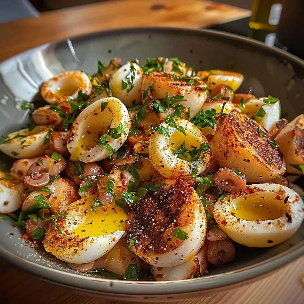 Close-up view of a garnelen rice bowl topped with creamy orange mayonnaise and fresh vegetables.