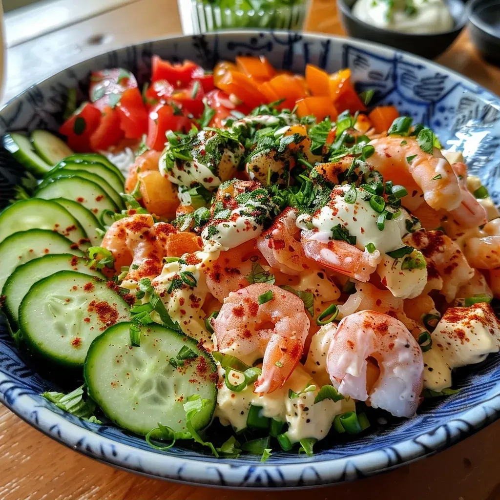 A vibrant garnelen rice bowl featuring succulent shrimp, colorful veggies, and a drizzle of spicy mayo.