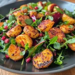 A close-up side view of Garnelen Süßkartoffelsalat featuring shrimp and sweet potatoes.