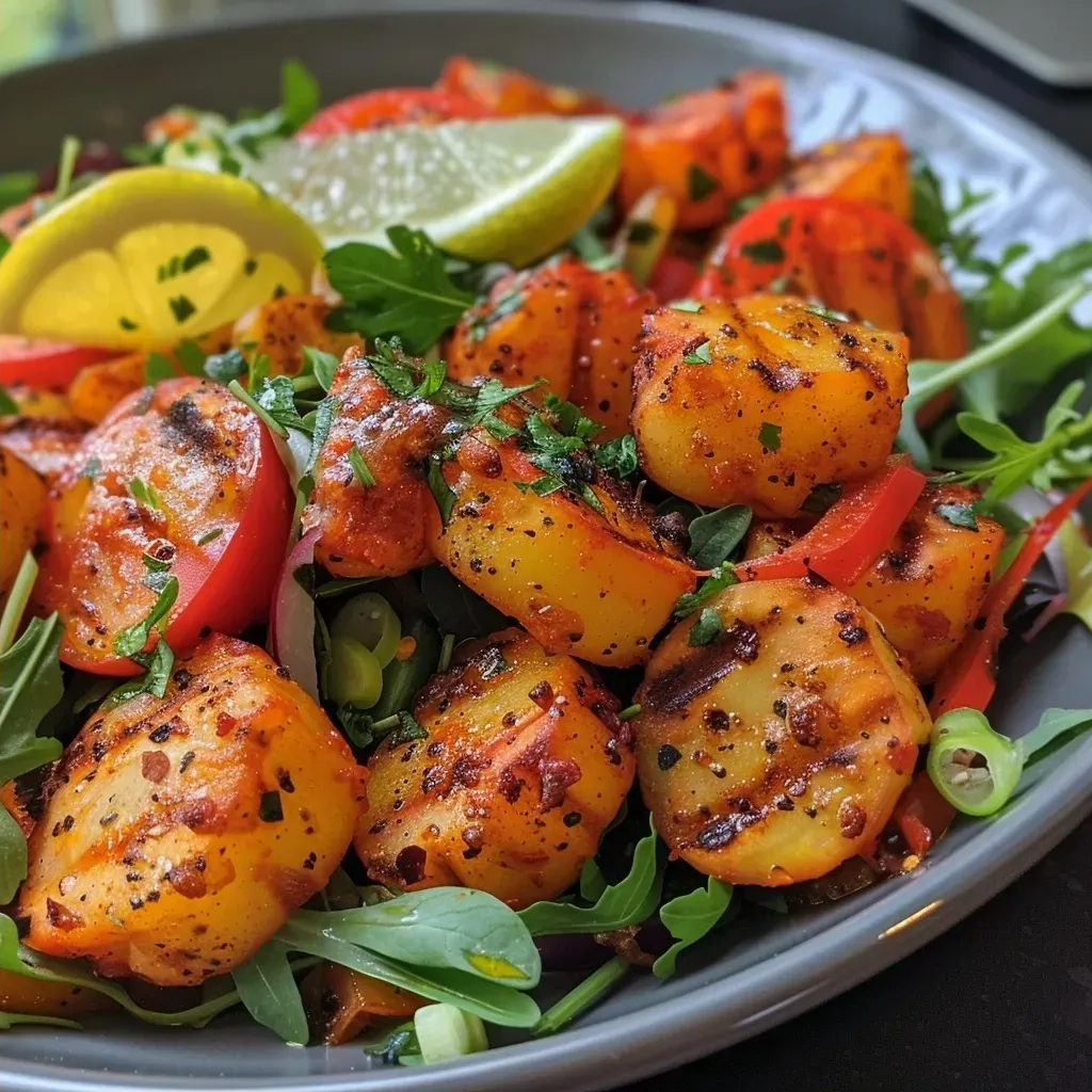 Detailed view of a vibrant Garnelen Süßkartoffelsalat with greens and colorful ingredients.