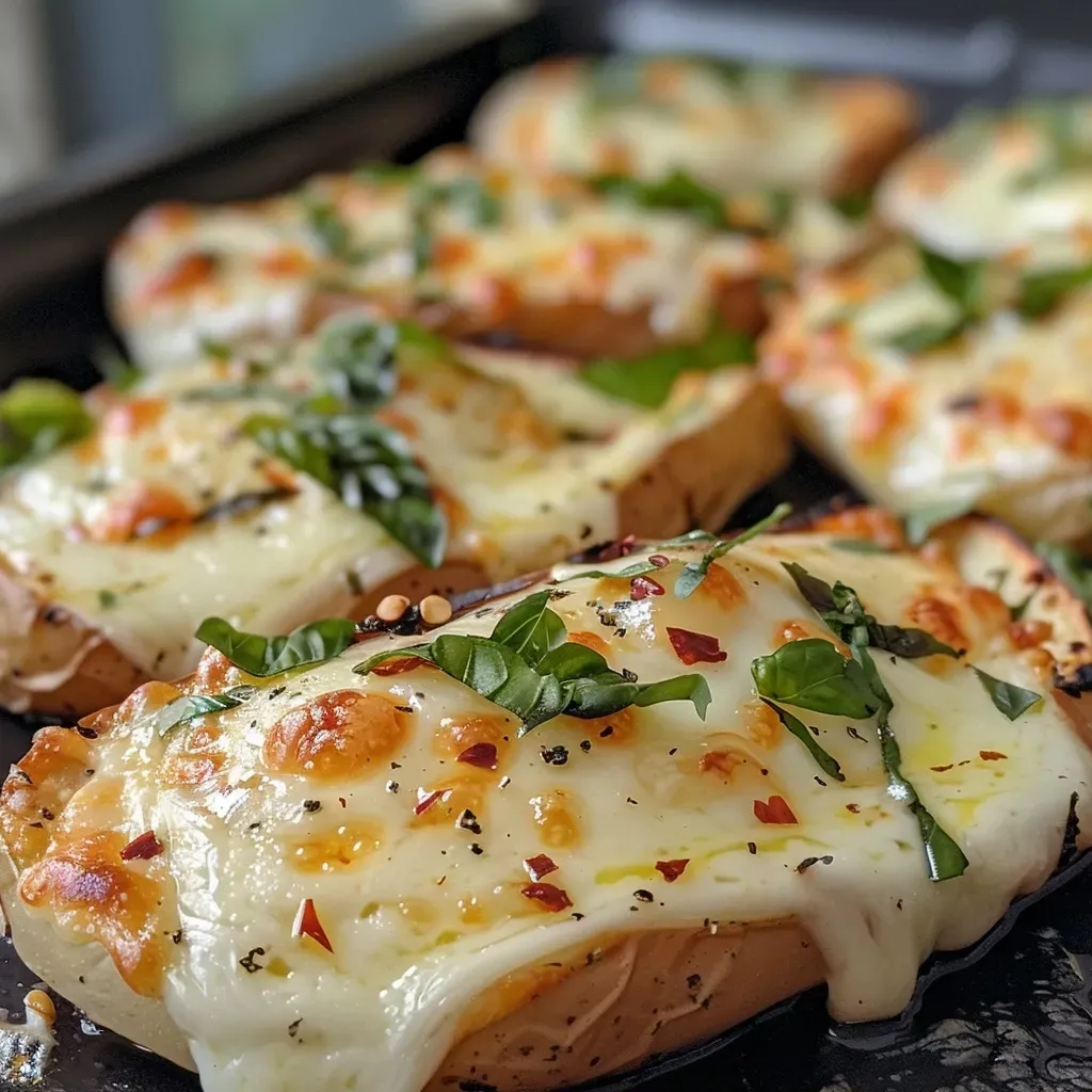 Close-up view of baked sweet potato topped with mozzarella, herbs, and spices.