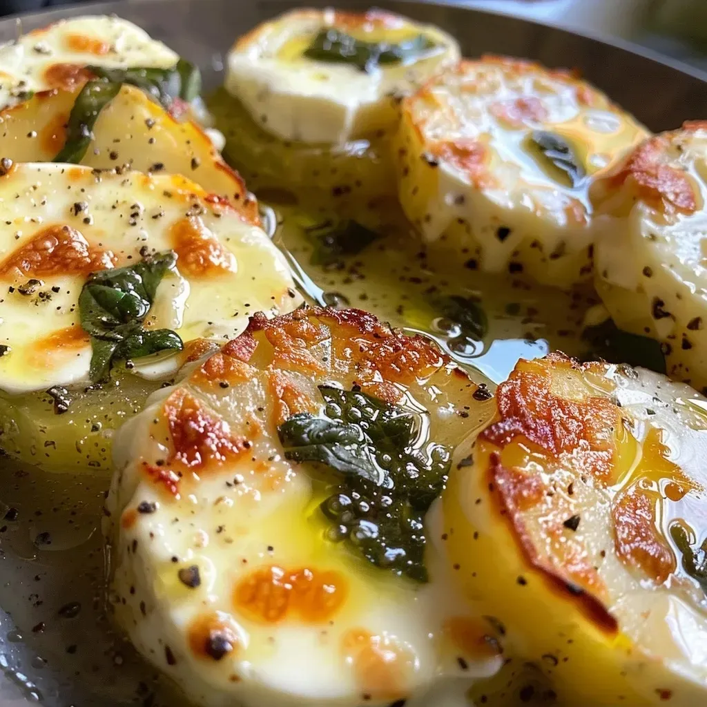 Side angle of a delicious baked sweet potato dish featuring melted mozzarella and fresh basil.