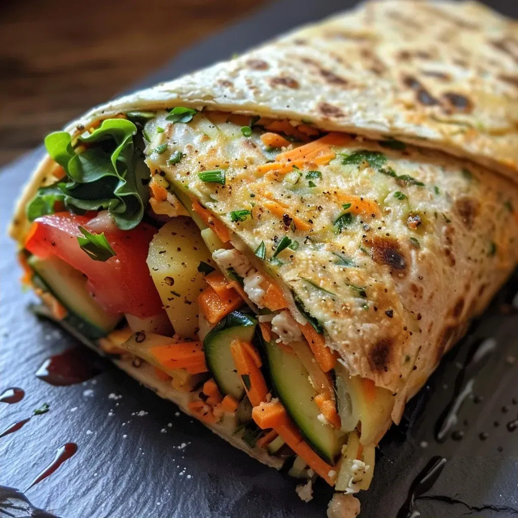 Side view of a delicious veggie wrap containing zucchini, carrots, and other fresh ingredients, set against a neutral backdrop.