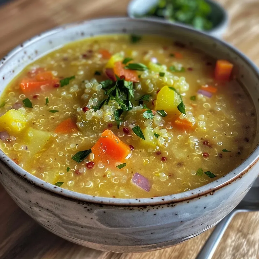 A close-up photo of a bowl of Gemüsesuppe with quinoa, showcasing vibrant vegetables and herbs.