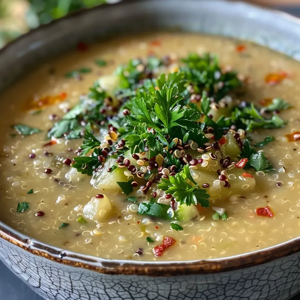 A close-up photo of a bowl of Gemüsesuppe with quinoa, showcasing vibrant vegetables and herbs.
