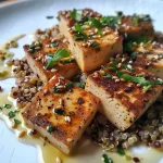 ['Close-up view of roasted cauliflower on a bed of quinoa, topped with tofu and cashew-garlic sauce.', 'Side view of a vibrant dish featuring roasted cauliflower, quinoa, and a creamy cashew sauce.', 'Detailed photo of a healthy bowl with roasted cauliflower, tofu cubes, and garnished with fresh chives.', 'Mouth-watering presentation of quinoa topped with golden roasted cauliflower and drizzled with garlic sauce.']