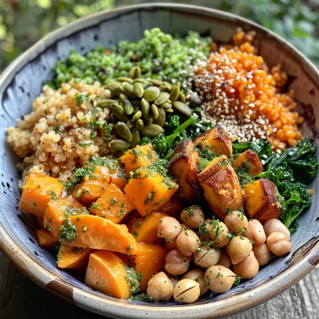 Close-up view of a healthy bowl featuring colorful ingredients like sweet potatoes and leafy greens.