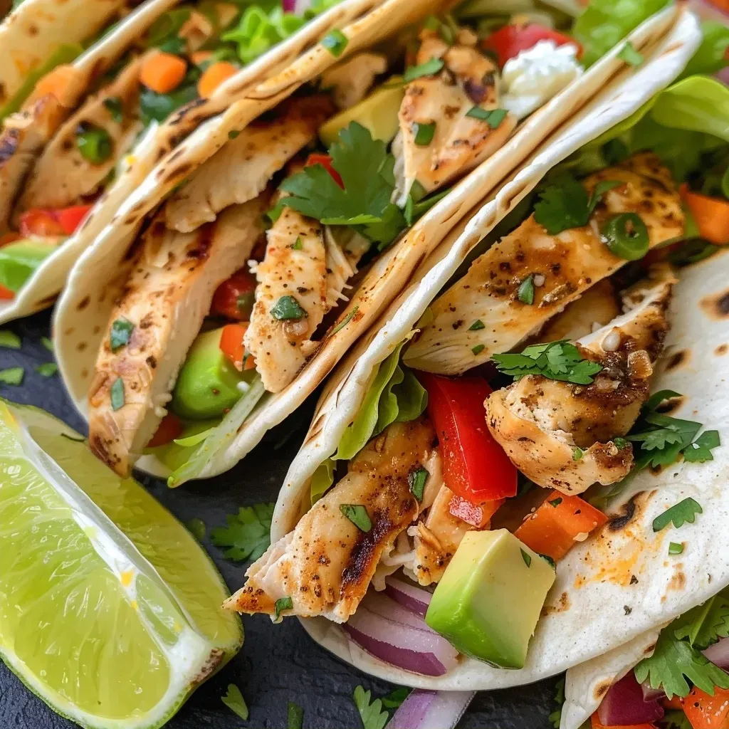 Close-up view of a healthy chicken wrap with fresh ingredients and vibrant colors.
