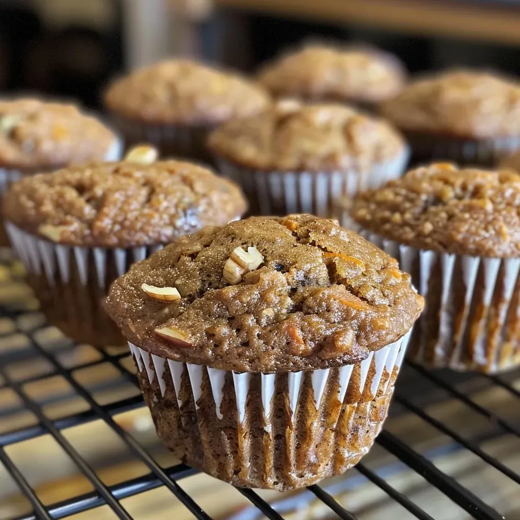 Close-up of moist Morning Glory Muffins with visible nuts and shredded apple.