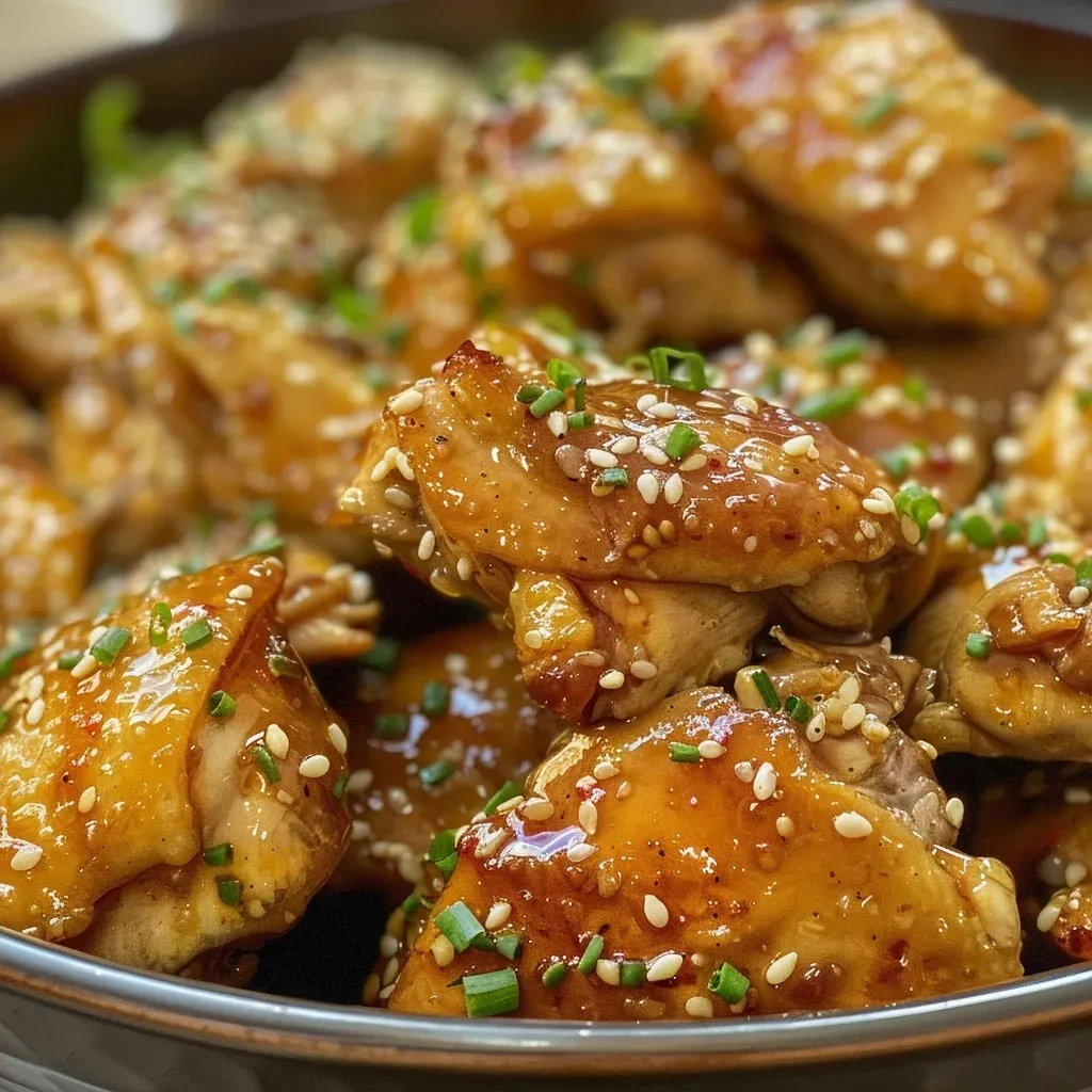 Juicy sesame chicken garnished with sesame seeds, served on a plate.