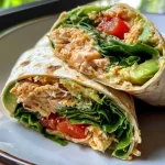 Close-up of a healthy tuna wrap featuring fresh spinach, cherry tomatoes, and avocado.