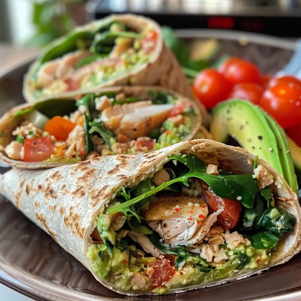 Side view of a juicy tuna wrap with vibrant ingredients, showcasing its texture and color.