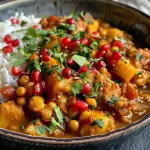 Close-up of vibrant Granatapfel-Curry with pomegranate seeds and fresh coriander.