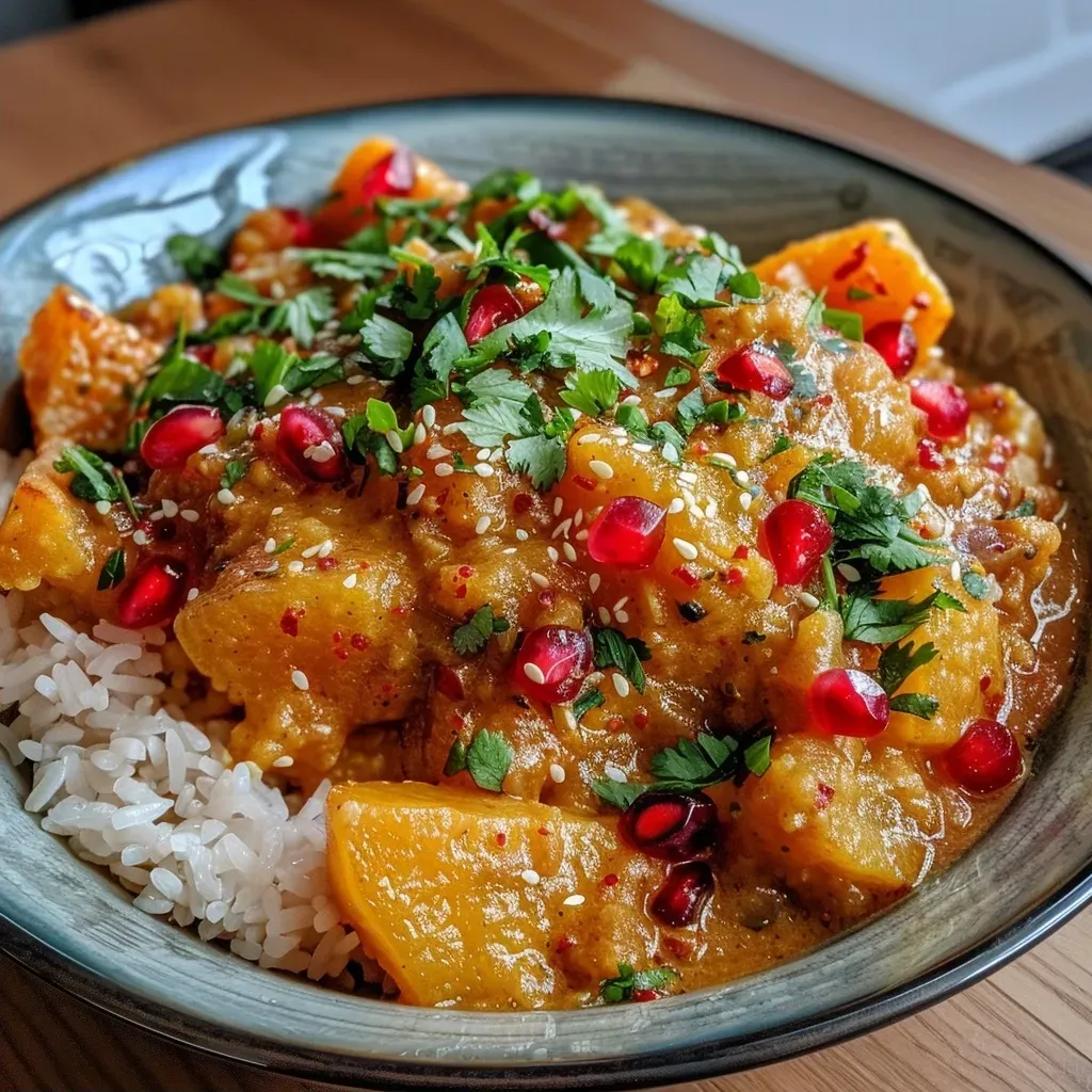 Side view of a delicious Granatapfel-Curry, showcasing rich colors and textures.