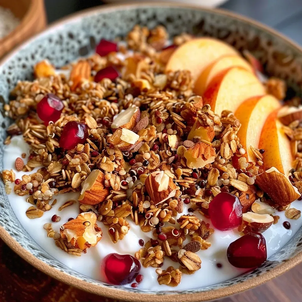 Close-up view of a bowl filled with granola topped with quinoa and pomegranate seeds.