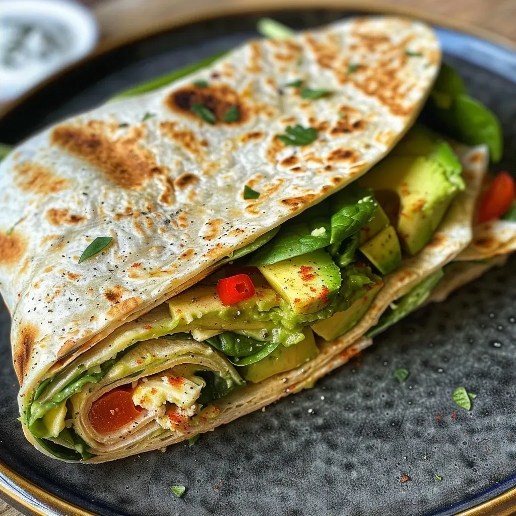 Close-up of a colorful Hähnchen-Avocado-Wrap showing layers of chicken and vegetables.