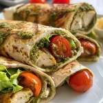 Close-up view of a chicken pesto wrap filled with fresh ingredients.