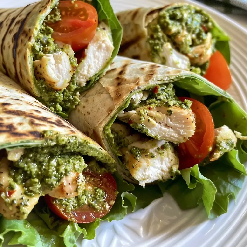 Side view of juicy chicken pesto wraps showing vibrant fillings and textures.