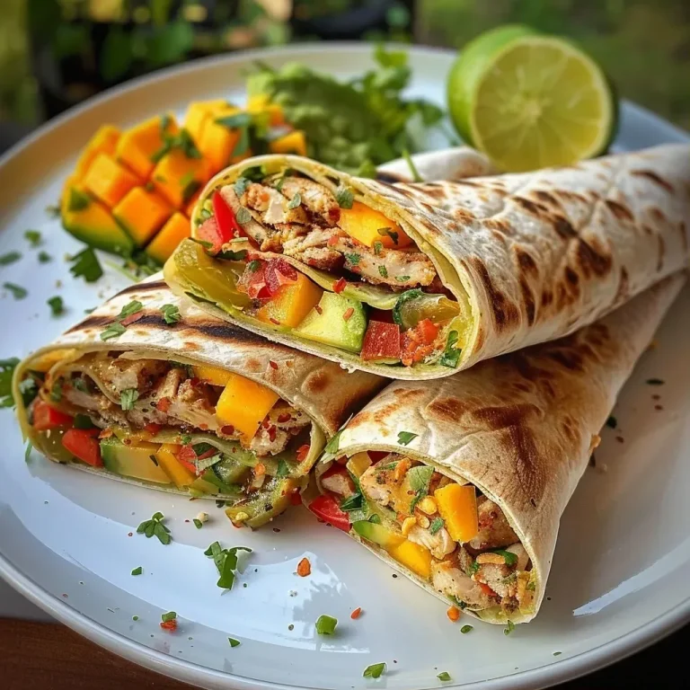 Hähnchen-Wraps mit Mango-Salsa: Ein einfaches Rezept für frische Genussmomente Close-up of juicy Hähnchen wraps filled with vegetables and mango salsa.