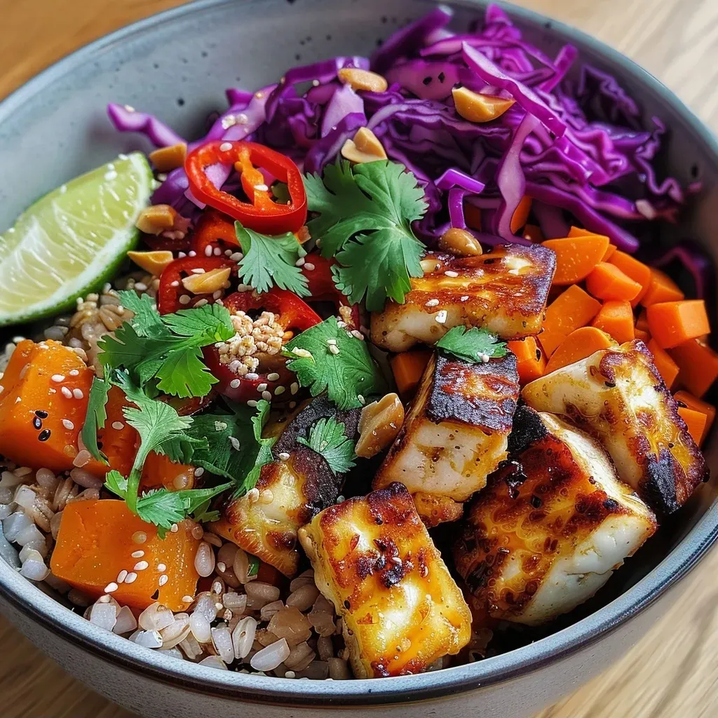 A colorful Buddha bowl featuring halloumi cheese, sweet potatoes, red cabbage, and garnished with coriander.