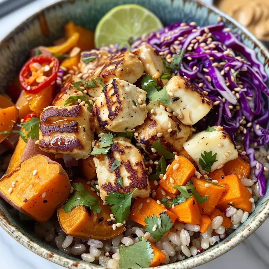 A vibrant close-up of a Halloumi Buddha Bowl showcasing pearl barley, sweet potato, and fresh vegetables.