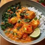 Close-up of Halloumi Curry dish with tender pieces of halloumi and vibrant vegetables.