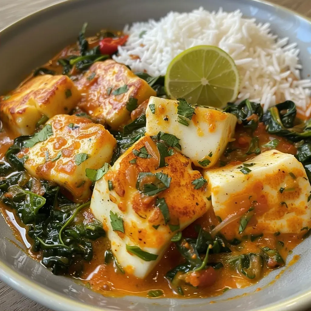 Side view of a bowl filled with Halloumi Curry, showcasing creamy sauce and garnished with herbs.