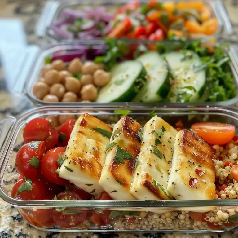 Halloumi Meal Prep: Schnelle, gesunde Bowls für stressige Tage Close-up side view of a Halloumi meal prep container filled with quinoa, chickpeas, and fresh vegetables.