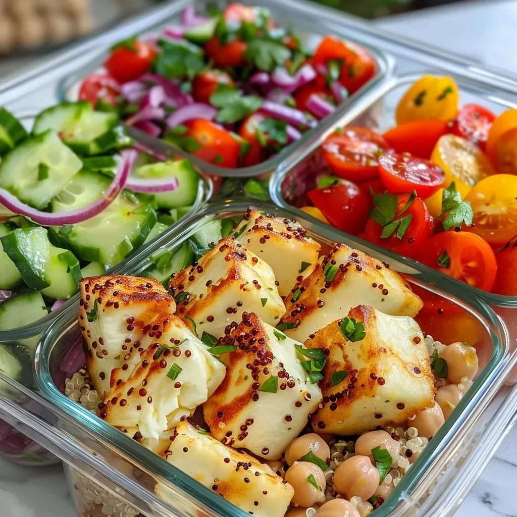 Meal prep container featuring sliced Halloumi cheese, diced cucumbers, and cherry tomatoes.