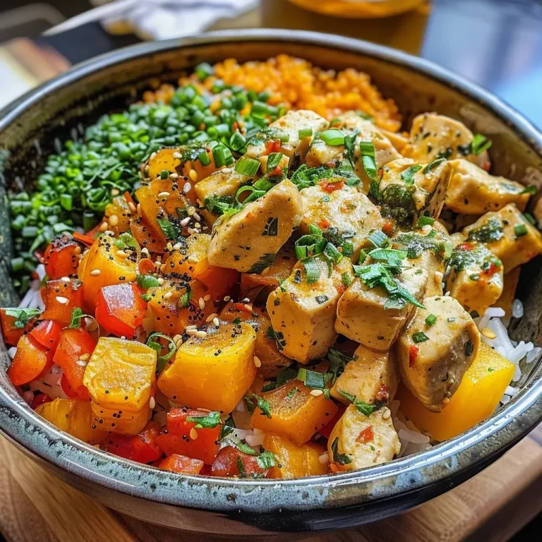 Close-up view of a delicious Herbstliche Bowl featuring Kurkumadinkel, showcasing vibrant ingredients.