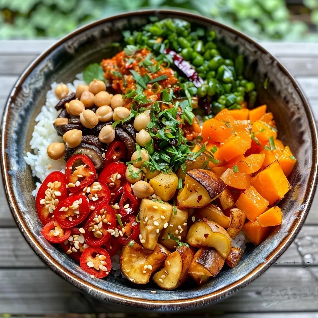 A side view of a Herbstliche Bowl with colorful vegetables and Kurkumadinkel, captured in detail.