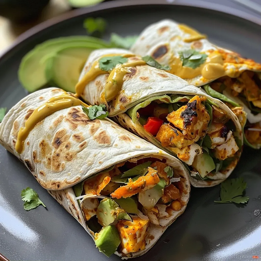 Juicy chicken wraps filled with fresh vegetables and cheese, served on a plate.
