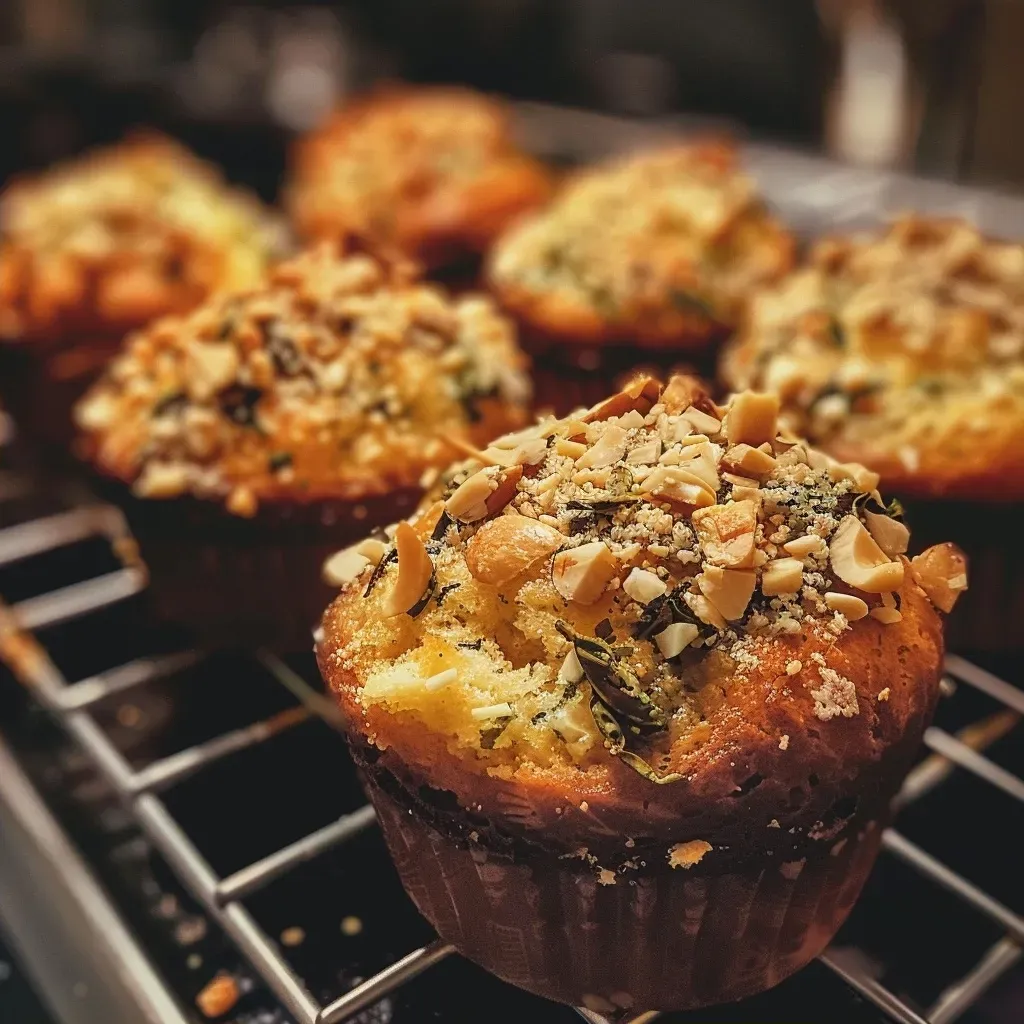 Juicy, golden-brown muffins featuring a side view, showcasing ingredients like walnuts and basil.