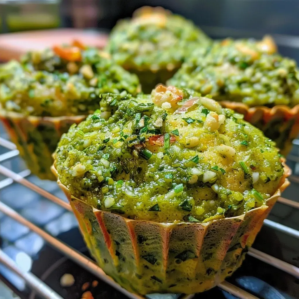 Freshly baked vegan muffins showcasing vibrant green pesto and sundried tomatoes.