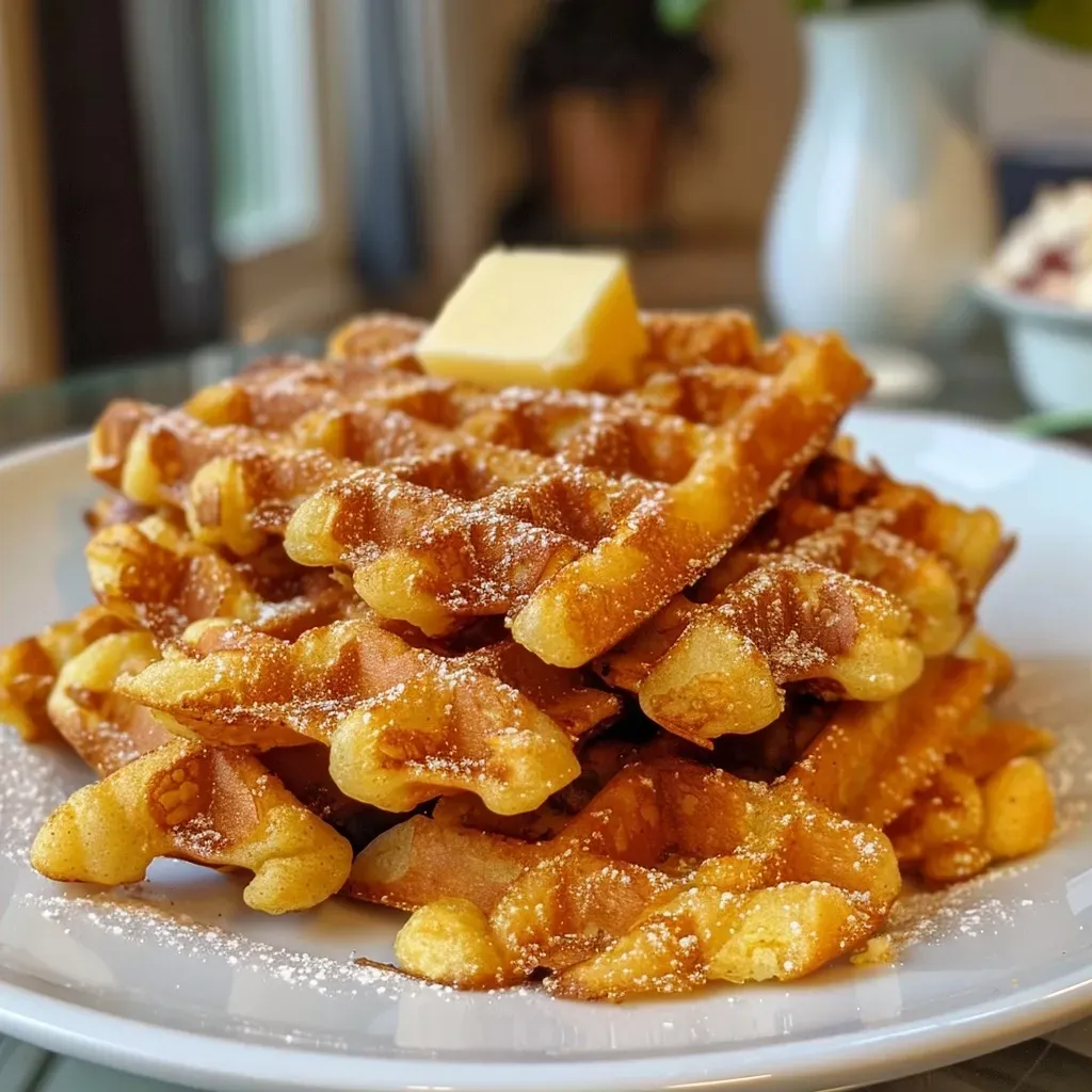 Side view of delicious herzhafte Süßkartoffel Waffeln topped with herbs.